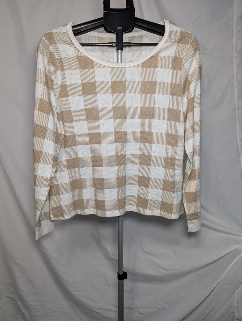 Womens Old Navy Cream & Beige Check Long-Sleeve Top, Size L